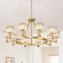10-Light Crystal Glass Chandelier Round 38" Gold Wagon Wheel Chandelier Modern Crystal Entry Light Fixture with Adjustable Chain for Dining Room Foyer Bedroom