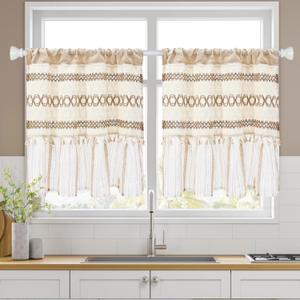 FRAMICS Farmhouse Linen Kitchen Curtains 24 Inch Length Striped Short Curtain for Windows Boho Crochet Small Window Curtains for Kitchen Rod Pocket Tier Curtain for Bathroom, Cafe, 2 Panels
