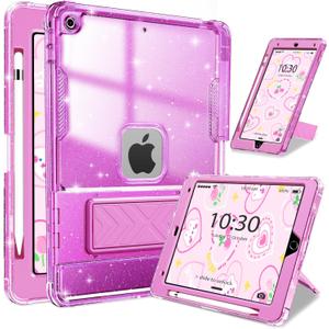 INFILAND Case for iPad 9th/8th/7th Generation 2021/2020/2019 10.2 inch Glitter Clear, Shockproof Protective Cute iPad 7/8/9 Gen Cover with Stand, Pencil Holder for Kids, Girls, Women (Purple)