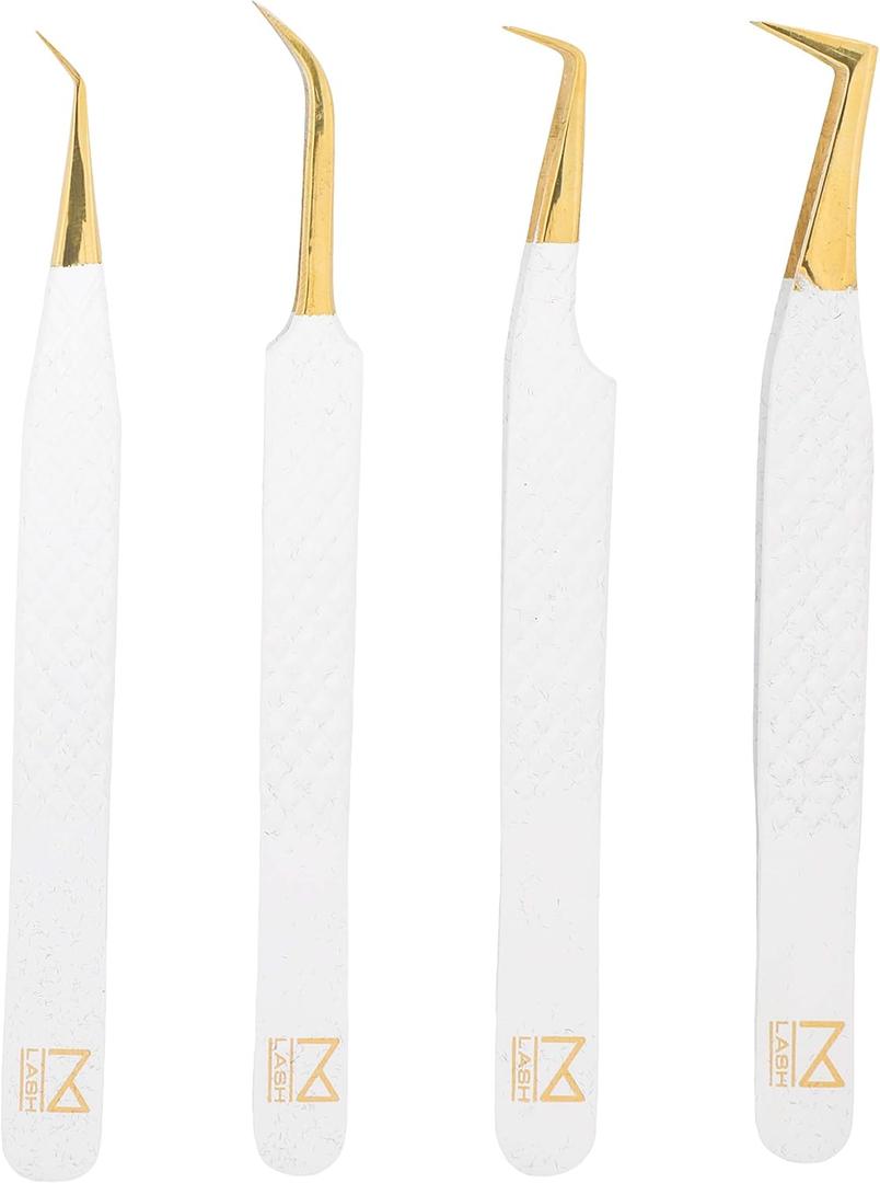 M LASH Tweezers for Eyelash Extensions (Set of 4) - Professional Lash Extension Tweezers - Fiber Tip, Japanese Steel, Diamond Grip Eyelash Extension Tweezer set (White)
