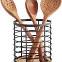 WDT Tool Utensil holder for Kitchen Counter - 5.2" x 5.2" x 6" Large Round with Wooden Base Matte Black Cooking Utensil Holder Utensil Organizer (Metal+Bamboo)