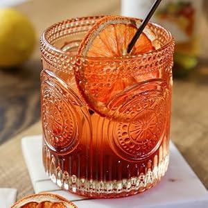 Ribbed Retro Arch Floral Rose Gold Drinking Glasses Set of 6, (13oz) Vintage Glassware Set by Kate Aspen| Cocktail Glass Set, Juice Glass, Water Cups | Great Hostess Gift & Gift for New Home Owners
