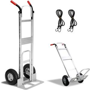 Aluminum Hand Truck 600 LBS Capacity, Handle Heavy Duty Industrial Dolly with 10" Pneumatic Tire and 2 Elastic Cords, Platform Cart for Transport and Moving in Home, Office, Warehouse, Supermarket