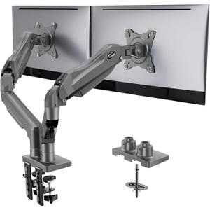 HUANUO Dual Monitor Stand, Fully Adjustable Monitor Desk Mount for 1332 Computer Screens, Full Motion VESA 75x75/100x100 with C-Clamp & Grommet Base, Each Arm Holds 4.4 to 19.8 lbs -Grey