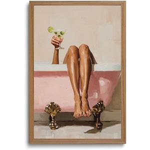 Pink Bathroom Wall Art Bathtub Martini Cocktail Print Cute Girly Wall Decor, 24"L x 16"W