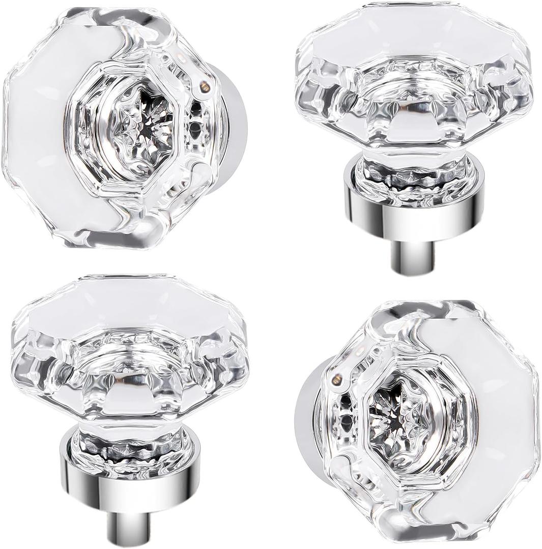 4 Pcs Glass Crystal Cabinet Knobs Polished Chrome, Octagon Clear Cabinet Drawer Pulls for Kitchen Dresser Bathroom Cupboard