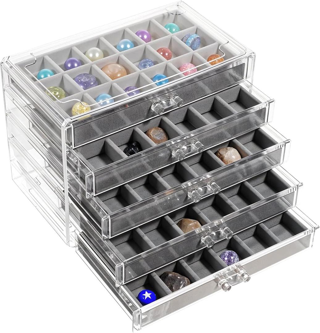 Rock Display Case for Kids, 90 Grid Rock Collection Box Rock Display Organizer Storage Compartments Acrylic Clear Display Case with 5 Drawers for Gemstone Fossil Crystal Stone Collectibles