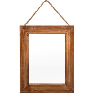 OKSQW Farmhouse Wall Mirror Brown Rectangle Rustic Wood Mirror 16 X 12 Inch Decorative Wood Frame with Mirror and Hanging Hemp Rope, Hanging Mirror for Bathroom Bedroom, Entryway, Dresser Wall Mirror