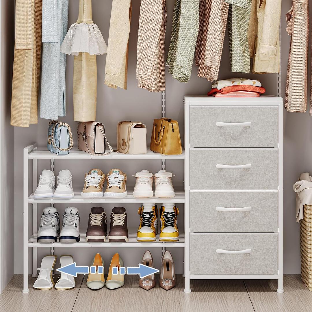 Expandable Closet Organizers and Storage, 4 Drawer Dresser, White Fabric Storage Dresser, Clothes Shelves for Kids, Purse Organizer Small Shoe Rack for Closet Bedroom, 11.8"D x 43.4"W x 29.8"H