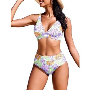 AI'MAGE Bikini Set for Women Two Piece High Waisted Swimsuits 2025 V Neck Bathing Suit Back Self Tie Straps Swimmear M Purple Flower Leaves