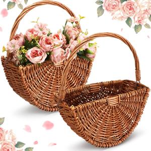 Willinglong 2 Pcs Flower Girl Baskets Half Moon Wicker Rattan Basket with Handle Willow Wedding Baskets for Wedding Picnic Home Decorations Garden Storage (Dark Color)