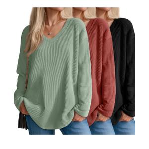 3 Pack Women's Oversized Waffle Knit Shirts, V Neck Long Sleeve Top Fall Casual Sweatshirt for Women (Black, Watermelon Red, Gray Green, X-Large)