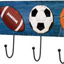 Wood Sports Coat Rack with 4 Hooks Vintage Basketball Baseball Football Soccer Wall Mounted Coat Hooks Decor Sports Theme for Home Entryway Playroom Hats Keys Towels