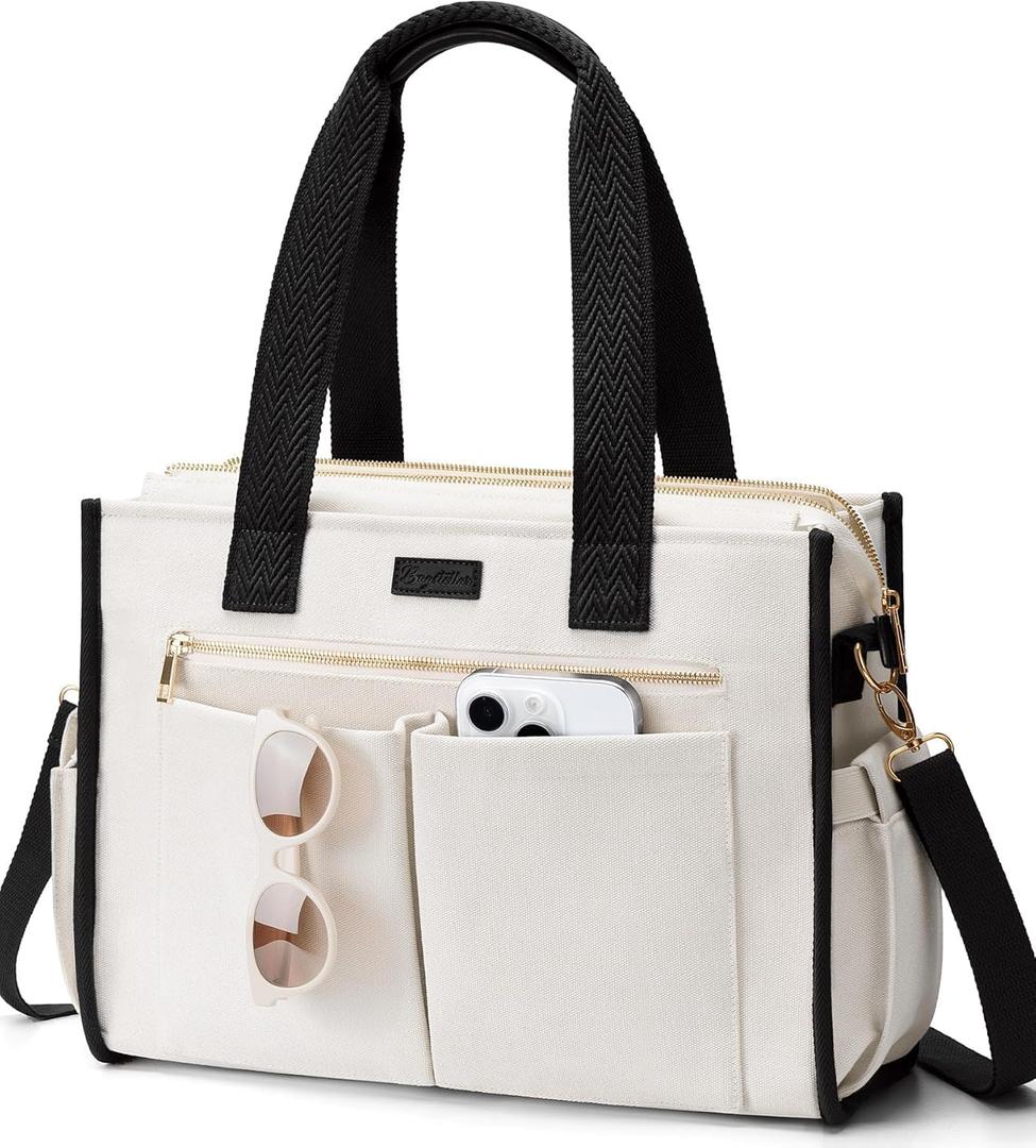 Canvas Tote Bag for Women, 15-Pocket Large Crossbody Handbag Bible Laptop Bag Zipper Bookbag for Teacher Work Travel College (L2.black & White)