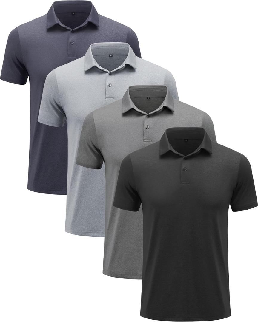 BALENNZ Golf Polos for Men Quick-Dry Athletic Mens Polo Shirts Short Sleeve Summer Casual Moisture Wicking Golf Shirt (X-Large, 4 Pack Black, Dark Grey, Light Grey, Navy)