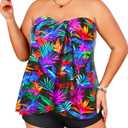 Daci Plus Size Bandeau Tankini Swimsuit for Women 2 Piece Halter Swim Top with Shorts Tummy Control Bathing Suits (Colorful Leaves), Size: 18 Plus