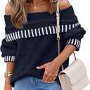MEROKEETY Women's Off Shoulder Sweater 2025 Fall Winter Fashion Oversized Ribbed Knit Striped Pullover Tops (Large, Navy)