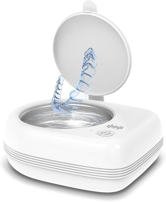 Rechargeable Ultrasonic Retainer Cleaner Machine | 50kHz 1.9 inch Ultra-Thin Portable | Night Guard Aligners Jewelry |6pcs Cleaner Tablets Included | Quick & Deep Clean Modes | FSA HSA Approved, White