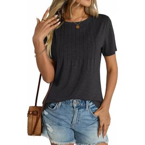 Womens Short Sleeve T Shirts Pleated Dressy Casual Crewneck Loose Fit Tee Trendy Summer Tops Blouses 2025 (Black, M)