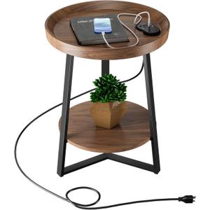 Gadroad Round End Table with Charging Station, USB Ports, Wood Tabletop & Black Metal Frame, 2-Tier Side Table for Living Room, Bedroom, Brown 15.7 * 15.7 * 23.0inches