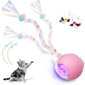 Interactive Cat Toys for Indoor Cats, Interactive Cat Ball Toy with Elastic Mesh Tail, Automatic Cat/Kitten Toys with Chirping & Motion Activate, Cat Toys for Bored Indoor (Pink)