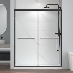 56-60" W x 72" H Semi-Frameless Bypass Sliding Shower Door, Easy-to-Clean Treated Clear Tempered Glass, Matte Black