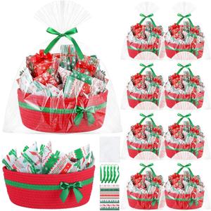 8 Pack Small Christmas Woven Basket with Gift Bags Ribbons and Wrapping Paper 12"x 8"x 5" Storage Basket with Handles Empty for Baby Shower Birthday Pet Toy Organizer Nursery Bins(Red)