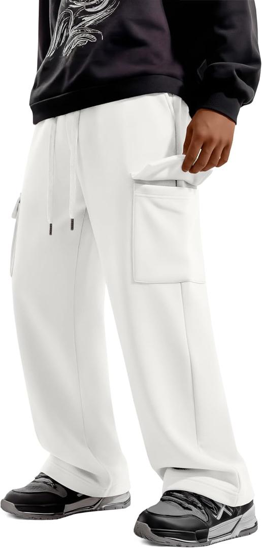 Boys' Cargo Sweatpants Baggy Wide Leg Elastic Waist Open Bottom Casual Pants Workout Active Joggers with 4 Pockets (White) 12-13 Years