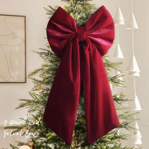 Christmas Decorations - Christmas Bows - 2 Pack 36x18 Inches Large Red Velvet Christmas Tree Topper - Burgundy Ribbon Gift Bows - Xmas Decor for Indoor Outdoor Home Wreaths Mantle Front Door Wedding
