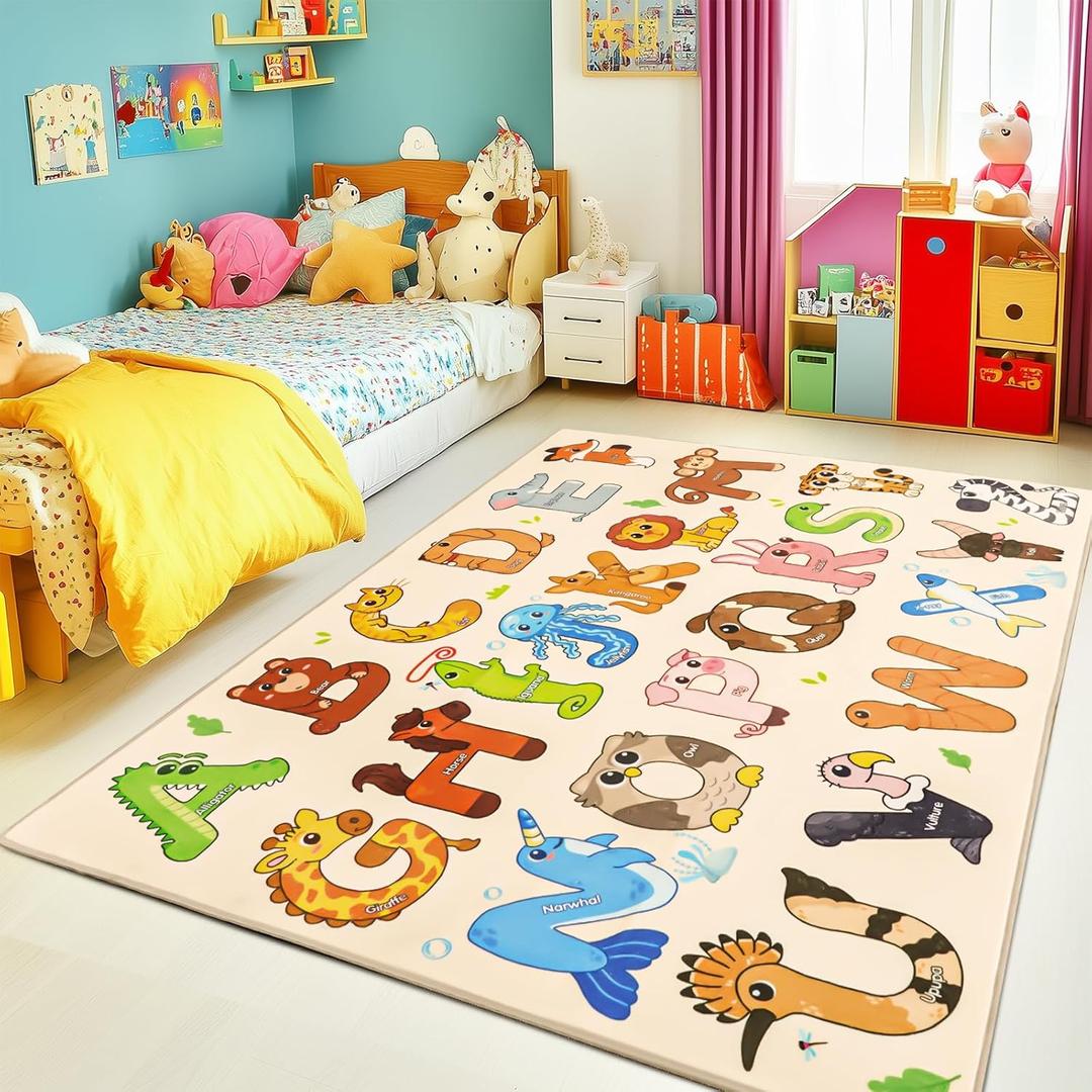 Kids Rugs for Playroom Educational Rug for Learn The ABC Alphabet, Soft Machine Washable Non-Slip Cute Carpet for Classroom Toddler Nursery Kids Room Decor Mat (3' x 4', Animal Abc 1)