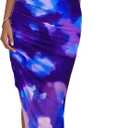 PRETTYGARDEN Women 2025 Summer Mesh Dress Spaghetti Strap Cowl Neck Print Ruched Bodycon Dresses Asymmetrical Long Dress (Blue)