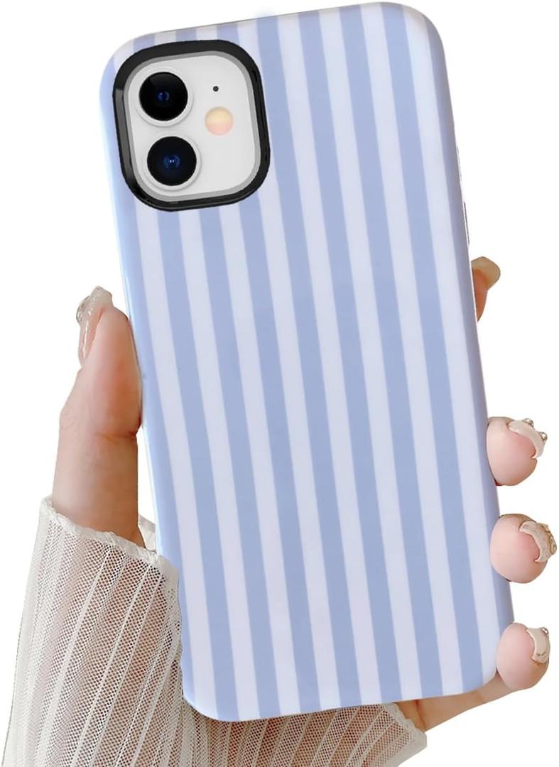 Cute Case for iPhone 12 Mini, Striped Phone Case for iPhone 13 Mini Aesthetic Pattern Design, Hybrid 2-Layer Shockproof Protective Cover for Girls Women (Blue,12mini/13mini)