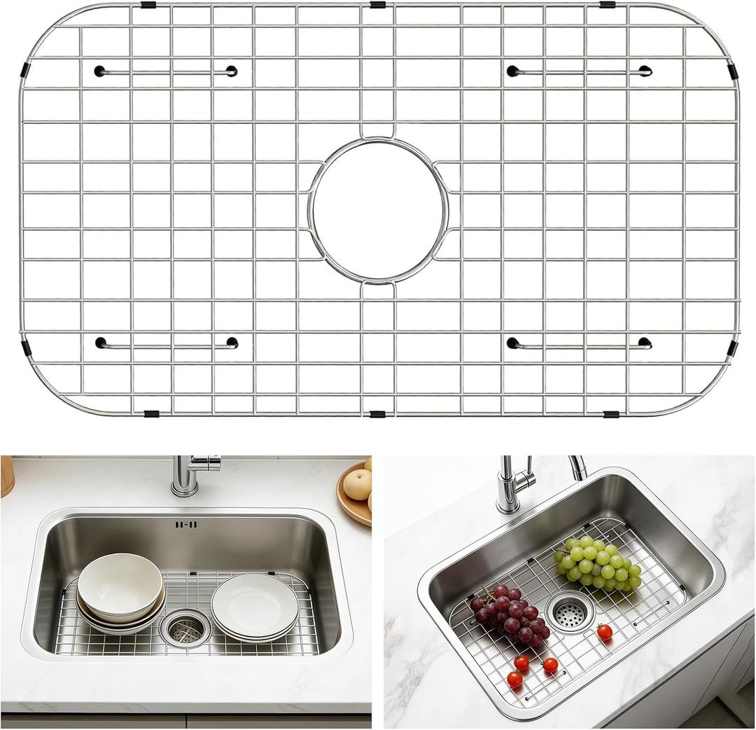 GUUKIN Sink Protectors for Kitchen Sink Bottom, 24" x 12"Stainless Steel Sink Protector with Center Drain Hole, Sink Rack with Extra Replacement White Rubber Feet