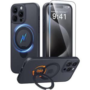 FNTCASE for iPhone 15 Pro-Max Case: [360 Spin Magnetic Stand] [Compatible with Magsafe] [Screen Protector] Translucent Matte Military Grade Shockproof Full Camera Protective Phone Cover - Black