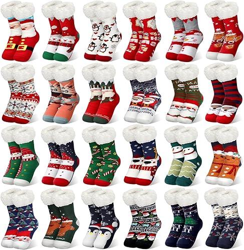 Jeyiour 14 Pairs Christmas Fuzzy Slipper Socks for Women Plush Fleece Sherpa Warm Non-slip Holiday Socks Gift Bulk for Cozy Xmas Winter Holiday Party Decoration