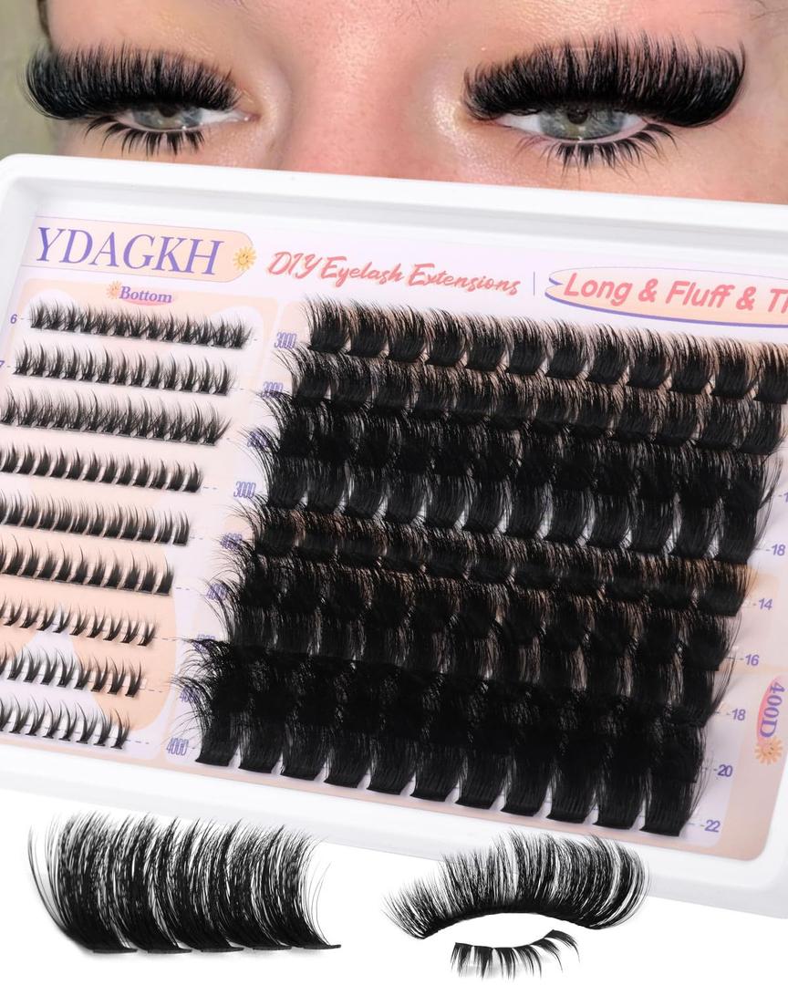 Thick Lash Clusters 300D+400D Volume Eyelash Clusters 12-22mm Long Fluff Cluster Eyelash Extensions Mega Full DIY Salon-look Wispy Lash Extension with Bottom Lashes 5 Styles 220Pcs