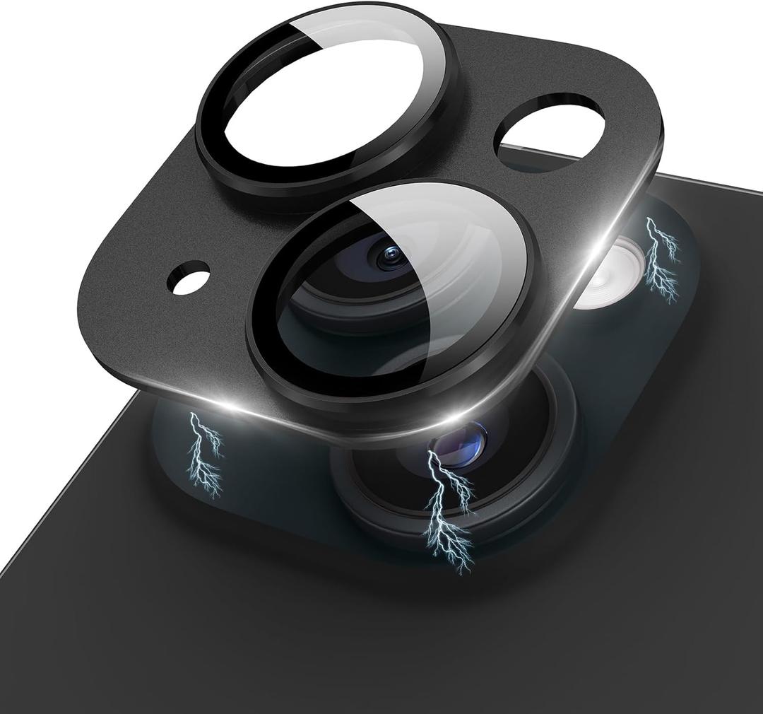 Compatible for iPhone 15 Plus/iPhone 15 Camera Lens Protector Metal Plus Aluminium Alloy Ring 9H Tempered Glass Screen Camera Cover Black