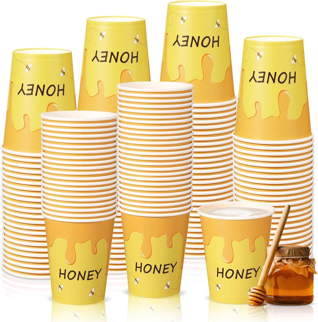 TecUnite 100 Pcs 9oz Honey Cups Disposable Paper Yellow Cups for Honey Lemon Stand Decorative Party for Cold Hot Beverage Juice Kitchen Coffee Birthday Party Supplies