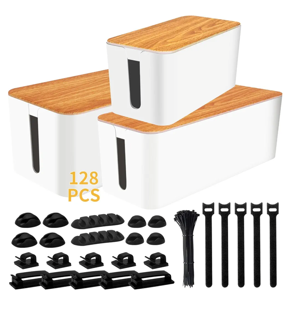 YUANYE Cable Management Box Cable Management Kit for Power Strip to Hide Wires,Cord Organizer Boxes,Safe ABS Material Wire Organizer of Cable Clips Sleeve for Home & Office,3Pack-128PCS/White