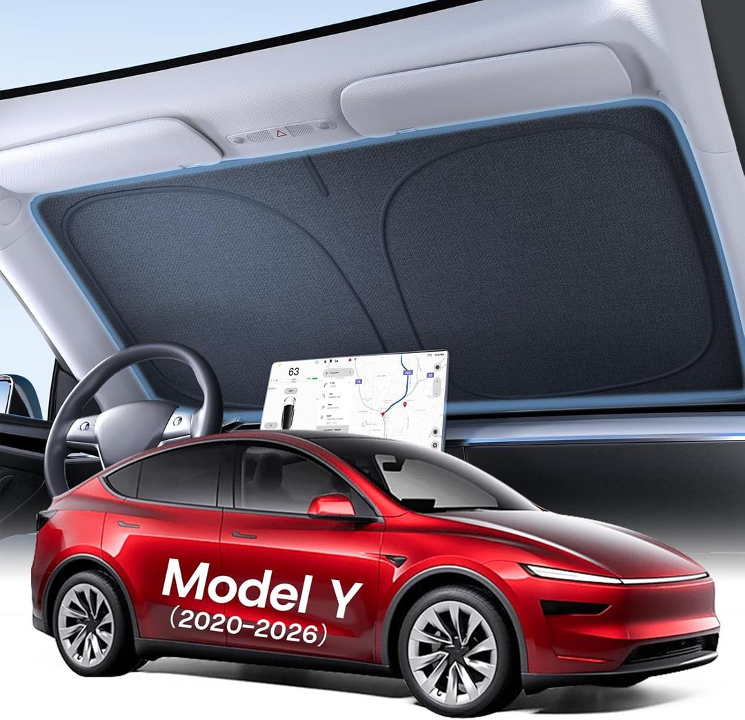Upgraded Windshield Sunshade for Tesla Model Y 2020-2026 [100% Sun Blockage & Plush Cotton-Linen Fabric] Foldable Heat Insulation Front Sun Shade Seamless Fit Tesla Model Y (Juniper) Accessories