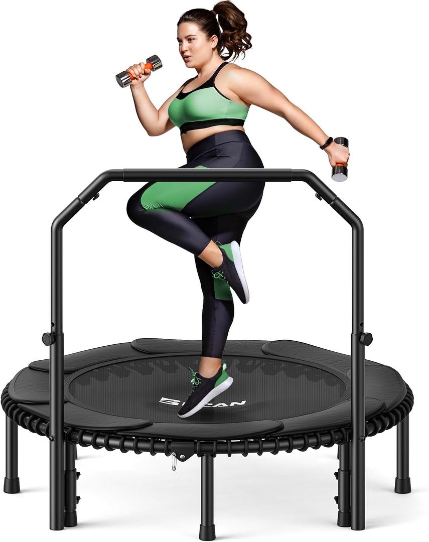 BCAN BT2 450/550LBS Mini Rebounder Trampoline for Adults with Bar, Fitness Trampoline with Bungees, Adjustable Handle, Stable & Quiet, Indoor Outdoor, Whole-Body Workout & Relaxation at Home-40IN/48IN