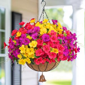 Dolicer Look Real Artificial Hanging Flowers for Outdoors, Realistic Artificial Flowers for Outdoors with Basket UV Resistant Fake Hanging Flowers Plants for Outdoor Porch Deck Patio Balcony Garden (1 Pack, Purple-yellow-red)