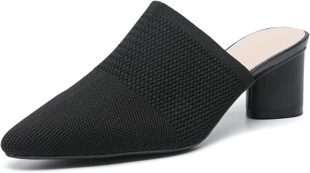 Women’s Knit Closed Pointed Toe Chunky Heel Mules Fashion Mesh Breathable Low Block Heel Pump Sandals Comfortable Slip On Dress Party Shoes (Black, 8)