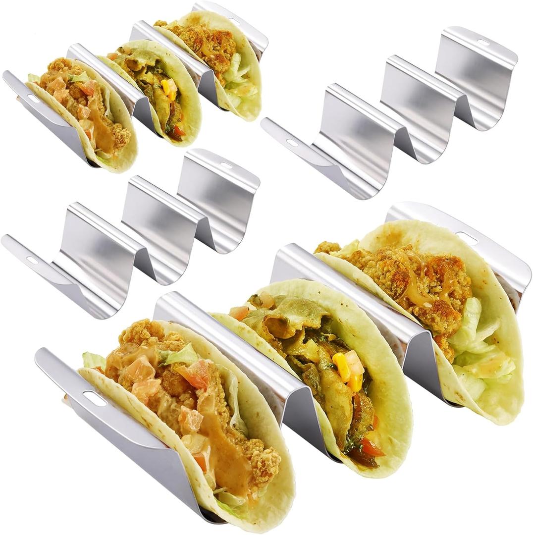 (Set of 4) Taco Holder Rack with Handle, 3 Slot Wave Stainless Steel Taco Stand for Hard & Soft Shell, For Family Party, BBQ & Taco Tuesday