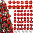 Threehoney 48 Pcs Large Christmas Ornaments Balls Poinsettia Tree Decorations Baubles Set 36 Christmas Ornaments Balls 12 Glitter Poinsettia Flowers Xmas Hanging Ornament(1.57'', 2.36'',Red)