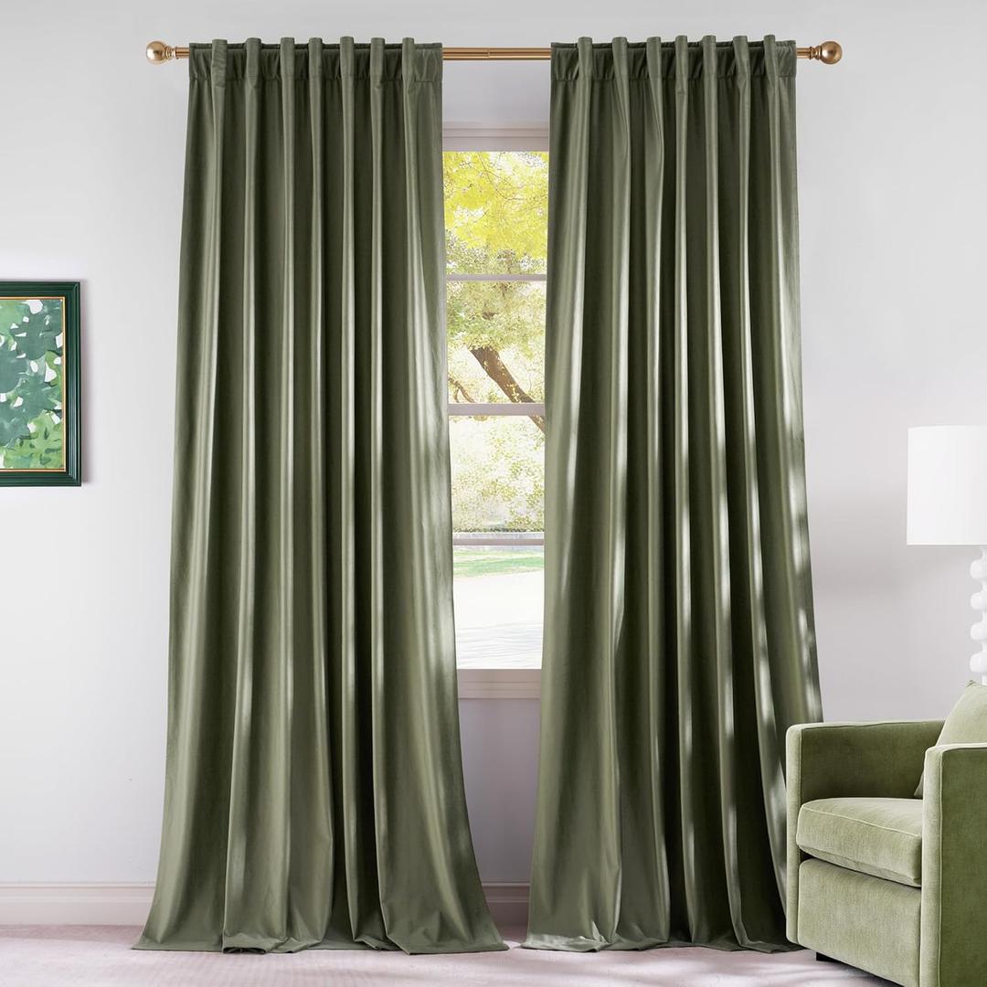 NICETOWN Velvet Sage Green Curtains 96 inches Long, Rod Pocket & Back Tab Room Darkening Window Treatments Thermal Drapes for Bedroom/Living Room, 2 Panels, W52 x L96