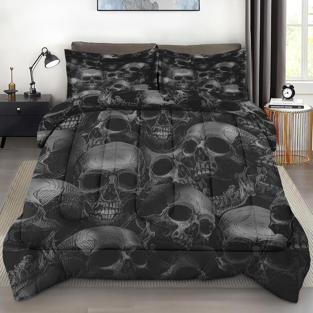 Comforter Set Twin Size, Skull Skeleton Soft 2 Pcs Bedding for Kids and Adults, Spooky Horror Gothic Comforter Set with Pillowcase, for Bedroom Bed Decor