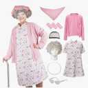Zhanmai 7 Pcs Halloween Old Lady Costume Set 100 Days of School Grandma Costume Granny Dress for Woman Cosplay Accessories(Pink Flower, Small, Kid)