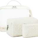 Bluboon 3Pcs Makeup Toiletry Bag for Women, Clear Packing Cubes Cosmetic Bag for Travel Women With Zipper Travel Essentials (Beige Lamb Wool)