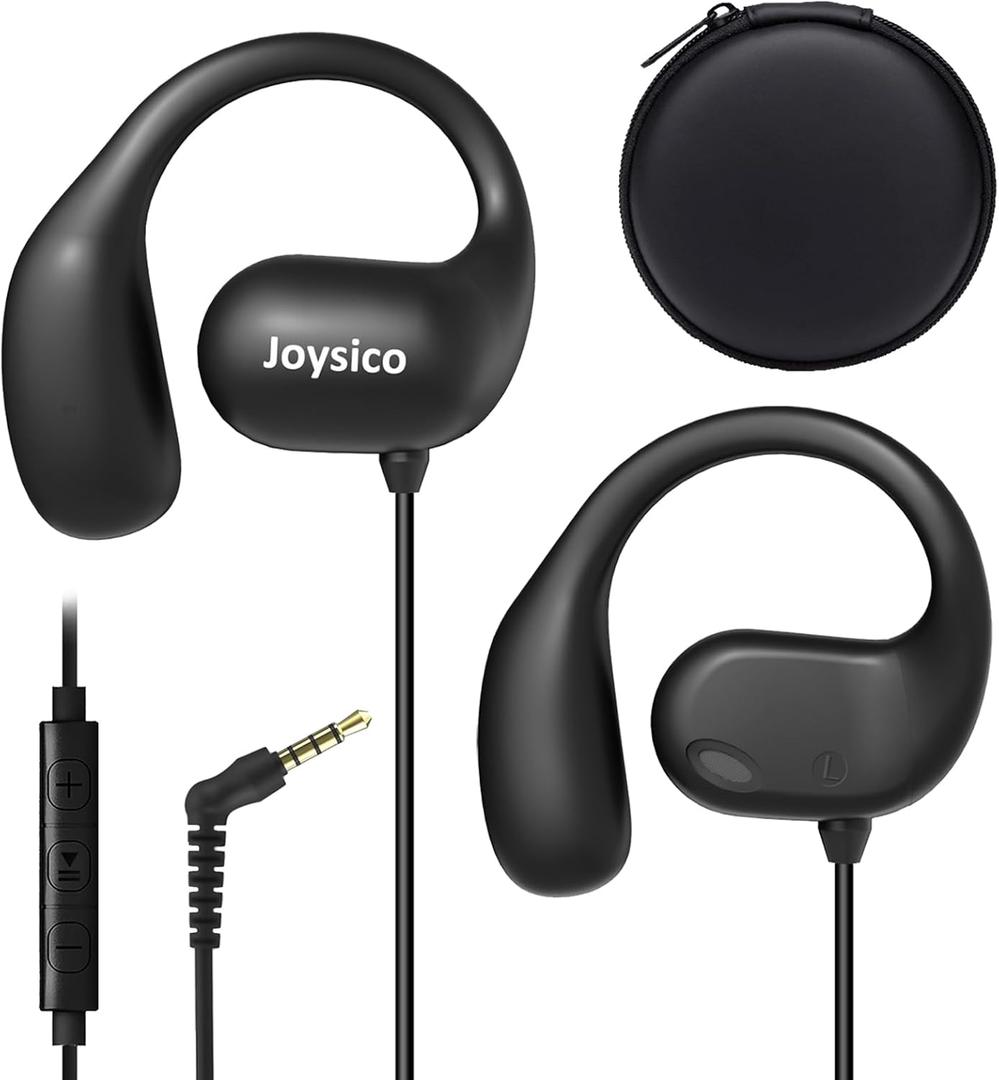 Joyico Wired Open Ear Headphones with Microphone, Volume Control, Wrap Around Ear Hook & Case, Over Ear Earbuds for Sport Running, On Ear Out of Ear Earphones Comfortable for Sensitive & Small Ears (Black)
